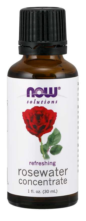 Ätherisches Rosenwasser-Konzentrat von NOW FOODS, 30 ml Flasche mit transparentem Inhalt und Rosenblüten-Design.