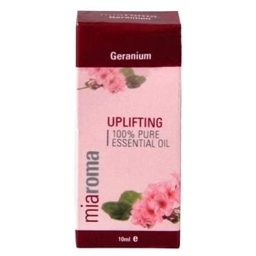 Reines ätherisches Geraniumöl von HOLLAND & BARRETT in 10 ml Flasche, zeigt die klare Flüssigkeit und den Flaschenverschluss.