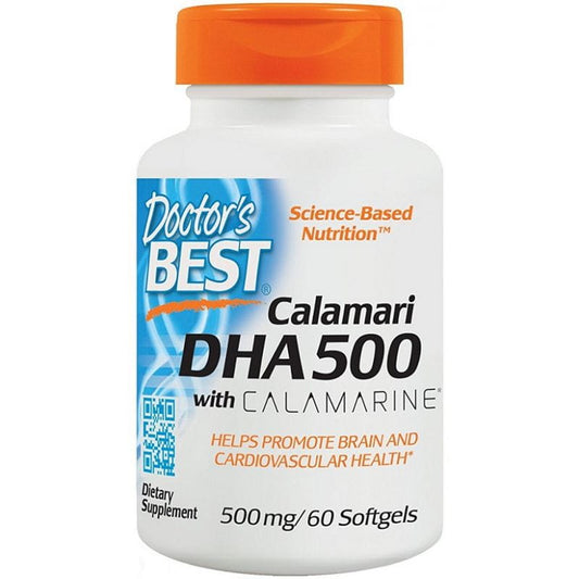 Gelbe Kapseln mit Calamari-Öl, Omega-3 DHA 500 mg und EPA 50 mg, in einer Blisterpackung von DOCTOR'S BEST