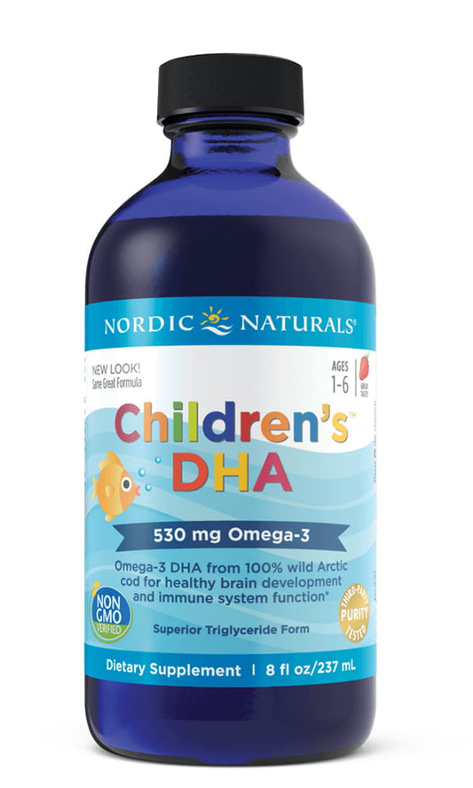 NORDIC NATURALS DHA für Kinder, 530 mg, Flasche mit 237 ml, zeigt die Flasche mit dem Produktetikett und Dosierungsangaben