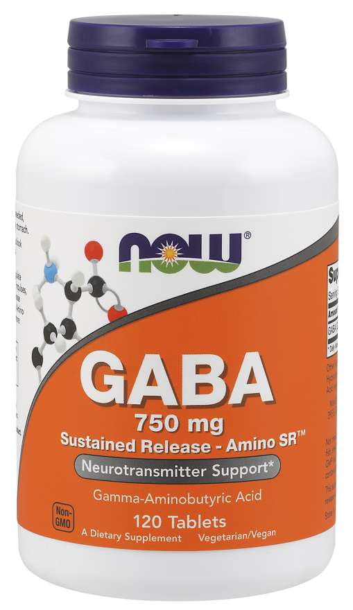 Gamma-Aminobuttersäure (Gaba) 750 MG Extended Release Tabletten von NOW FOODS, Nahaufnahme der Packung und Tabletten