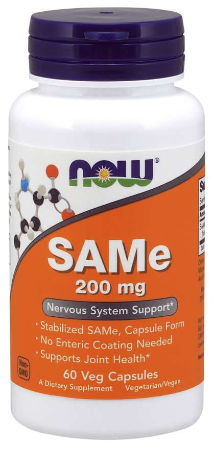 Sadenozylmethionin 200 mg Nahrungsergänzungsmittel von NOW FOODS in 60 Kapseln, Nahaufnahme der Kapseln auf weißem Hintergrund