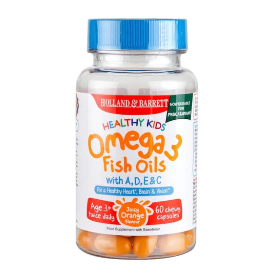 Gesunde Kinder Omega-3 Fischöl mit Vitamin D und C, HOLLAND & BARRETT, 60 Kapseln, Flasche mit Kapseln und Etikett