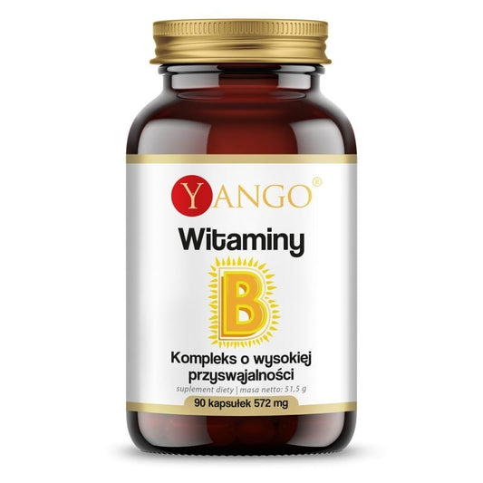 Vitamin B-Komplex Kapseln von YANGO, 90 Stück, Nahaufnahme der braunen Kapseln in einer transparenten Packung.