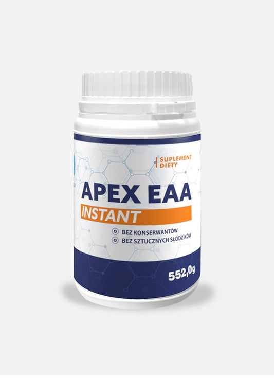 Apex EAA Instant-Aminosäuren, 552 g, HEPATICA, Nahaufnahme der Dose mit Etikett und Pulver im Inneren.