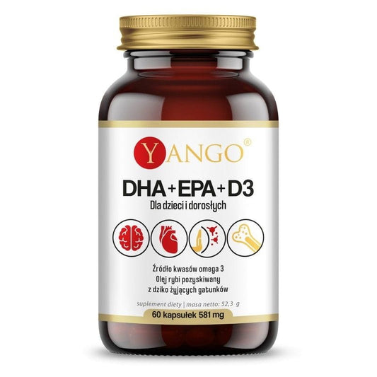DHA, EPA und D3 Kapseln von YANGO, 60 Stück, zeigt die gelatinösen Kapseln in einer Packung auf weißem Hintergrund