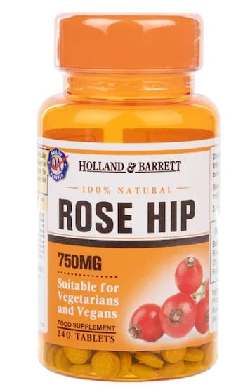 Hagebutten-Tabletten von Holland & Barrett, 750 mg, 240 Stück, close-up der Tabletten in einer Packung