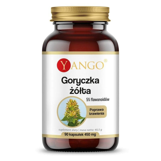 Gelbe Bitterkeit 5% Flavonoide Kapseln von YANGO, 90 Stück, Nahaufnahme der Gelb-weißen Kapseln.
