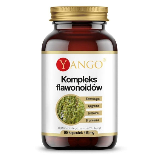 Gelbe Flavonoid-Komplex-Kapseln von YANGO, 90 Stück, in einer offenen Packung mit Kapseln sichtbar.