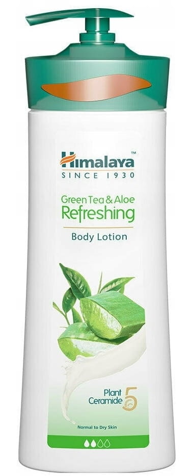 Himalaya Grüner Tee & Aloe erfrischende Körperlotion, 400 ml, zeigt die Lotion in einer weißen Flasche mit grünem Etikett.