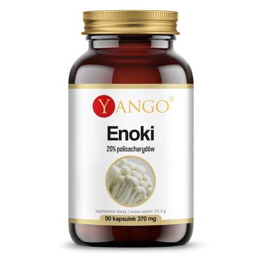Enoki-Pilz-Extrakt in 90 Kapseln, YANGO, mit 20% Polysaccharide, zeigt die Verpackung und Kapseln des Nahrungsergänzungsmittels.