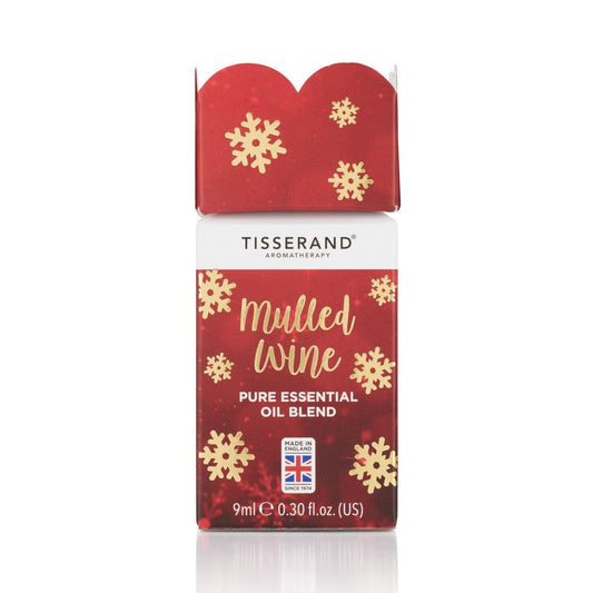 Ätherisches Glühweinöl von TISSERAND, 9 ml, mit aromatischem Glühweinduft, Flasche auf weißem Hintergrund