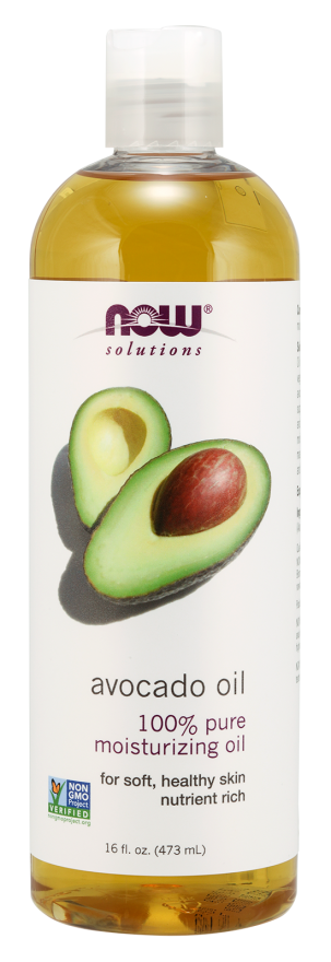 Flasche mit 473 ml Avocadoöl von NOW FOODS SOLUTIONS, kaltgepresst und goldgelb, auf weißem Hintergrund.