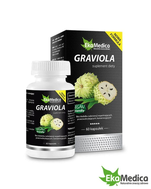 Graviola-Kapseln von EKAMEDICA, 60 Stück, Nahaufnahme der weißen Kapseln in einer offenen Packung.