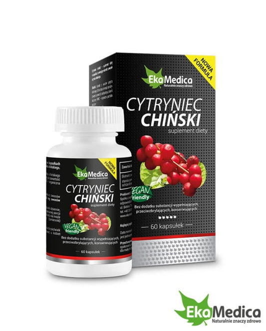 Chinesische Schisandra Kapseln von EKAMEDICA, 60 Stück, natürliche Nahrungsergänzung, zeigt die Verpackung mit Kapseln.