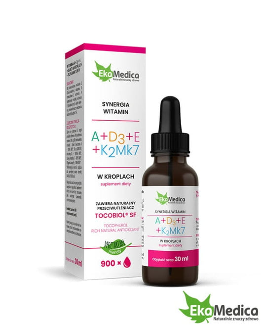 Flasche mit 30 ml Vitamin A, D3, E, K2MK7 EKAMEDICA, flüssiges Nahrungsergänzungsmittel in dunkler Verpackung
