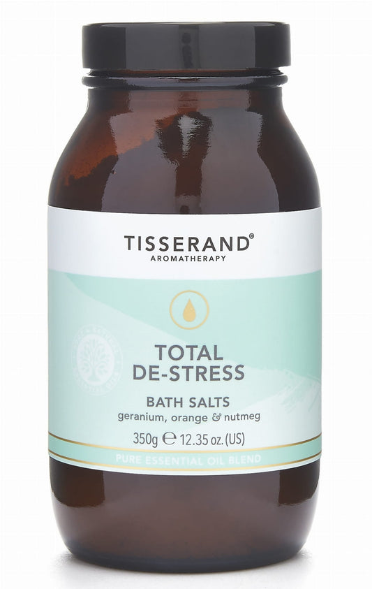 Badesalz mit Ölen von TISSERAND, Stress Total De, 350 g, entspannendes Badekonzentrat in einer weißen Verpackung