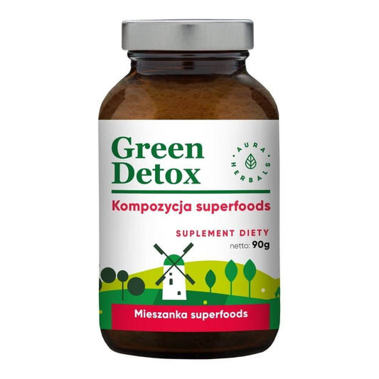 Grüne Detox-Zusammensetzung aus Superfood-Pulver von AURA HERBALS, zeigt das grüne Pulver in einem Glasbecher.