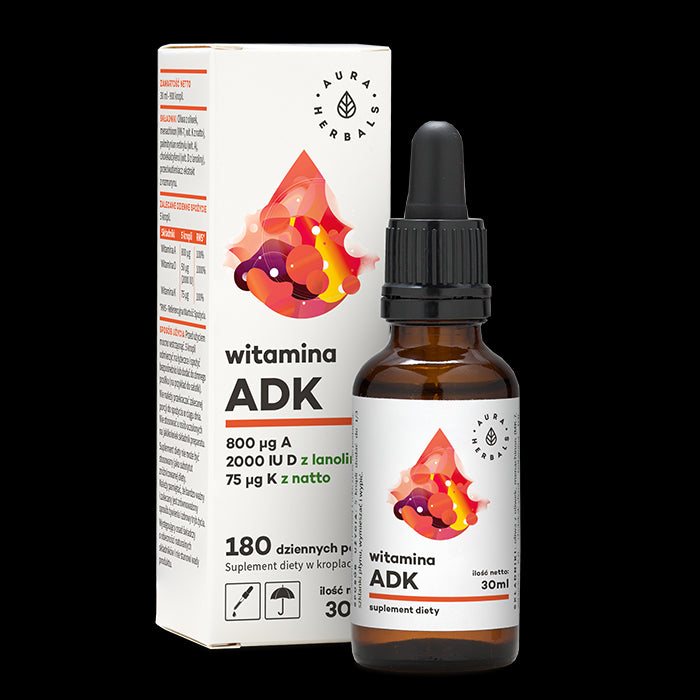 Vitamin A und D3 2000 IE und K2 MK7 adk in Tropfen von 30 ml AURA HERBALS