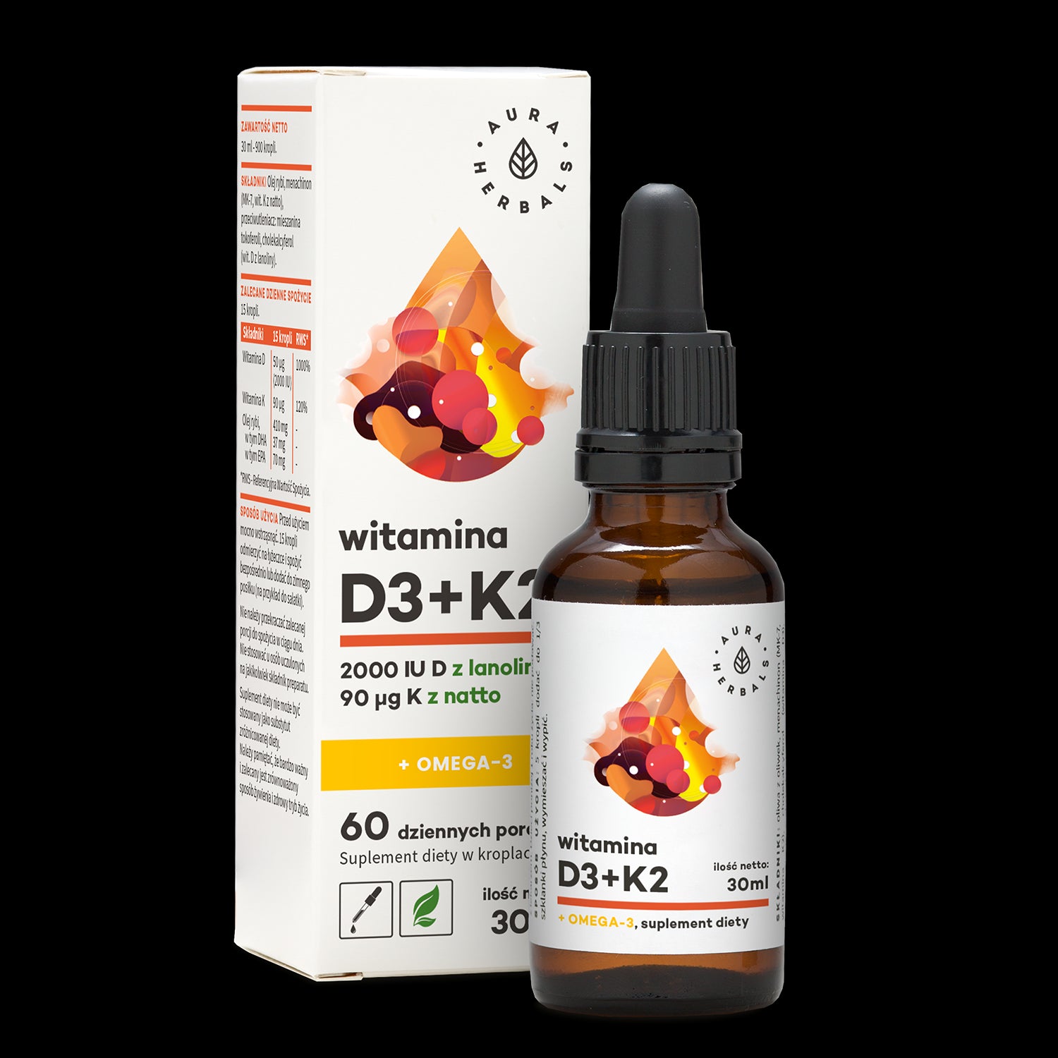 Vitamin D3 2000 IE und K2MK7 und OMEGA3 Tropfen 30 ml AURA HERBALS