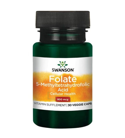 Folat Quatrefolic 800 mcg in SWANSON-Kapseln, Nahaufnahme der braunen Kapseln vor weißem Hintergrund