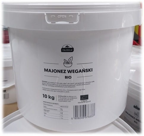 Vegane Bio-Mayonnaise von BIOHORECA in 10 kg Behälter, cremige Konsistenz, ideal für vegane Gerichte und Salate.
