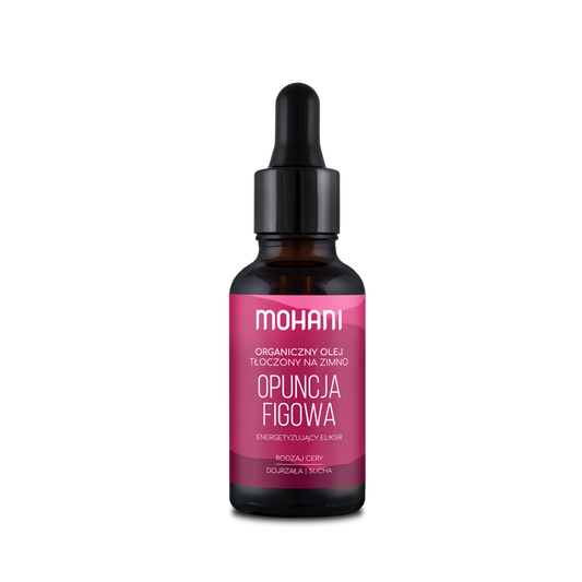 Feigenkaktusfeigenöl von MOHANI in 30 ml Flasche, Nahaufnahme der Flasche mit grünem Etikett und Korkverschluss
