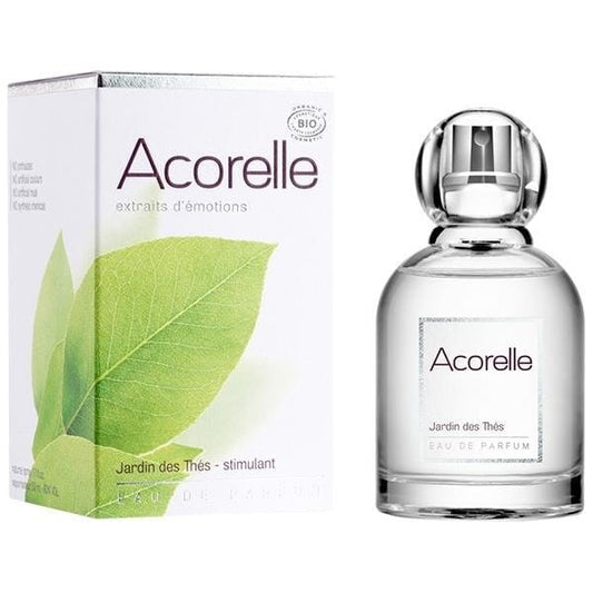 Bio-Eau de Parfum Tea Garden von ACORELLE, Flasche mit grünem Design, zeigt das Parfum in eleganter Verpackung.