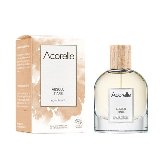 Flasche des Bio Absolu Tiaré Eau de Parfum von ACORELLE mit weißem Flakon und goldener Kappe, auf weißem Hintergrund.
