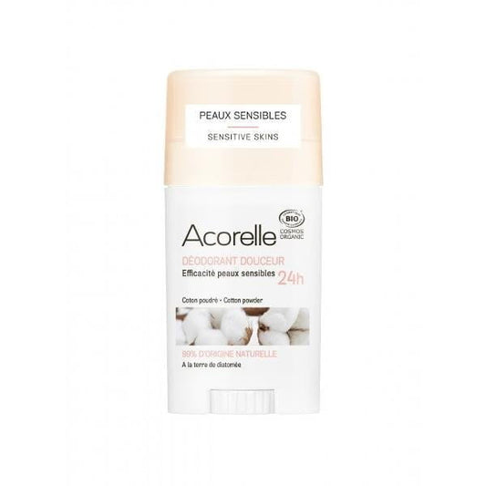 Bio-Baumwollpulver-Deo mit Kieselgur von ACORELLE, natürliche Deodorant-Formel in einem Glasbehälter, sichtbare Inhaltsstoffe.