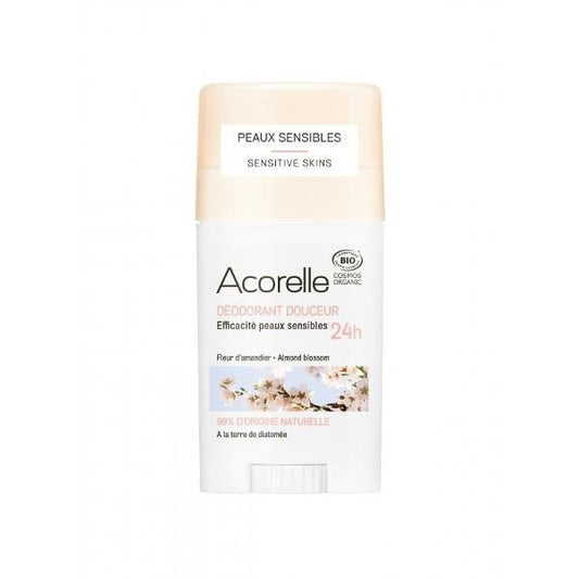Bio-Deodorant mit Kieselgur und Mandelblüte von ACORELLE, cremige Textur und natürliche Inhaltsstoffe, sichtbar in der Flasche