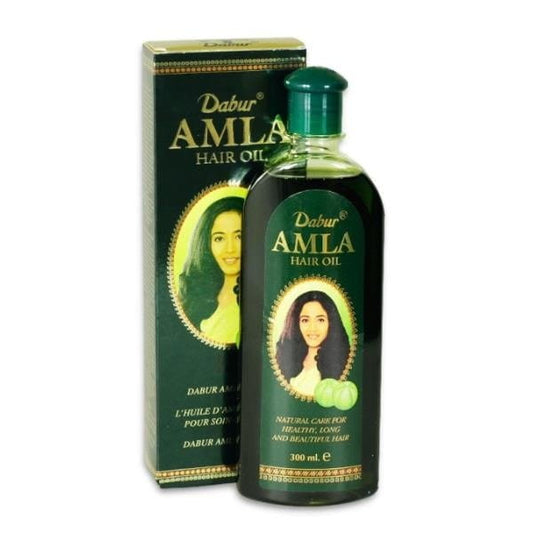 DABUR Amla Haaröl in 300 ml Flasche, zeigt das goldene Haaröl in einer transparenten Flasche auf weißem Hintergrund.