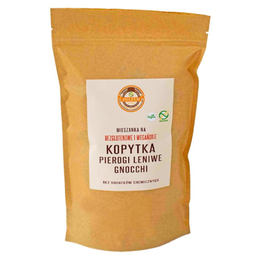 Mischung für glutenfreie und vegane Kartoffelknödel, Lazy POLFEM 500g, in Packung mit Kartoffeln und Zutaten.