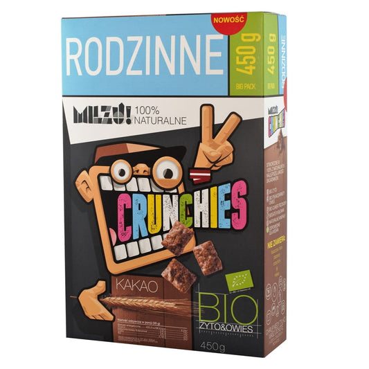 Bio Roggen- und Hafer-Crunchies mit Kakaofamilie von MILZU! in einer 450g Packung, knusprig und schokoladig.