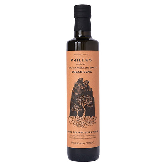 Bio-Olivenöl von PHILEOS OF SPARTA, 500ml Flasche, zeigt die dunkle Glasflasche mit Olivenöl im Bild.