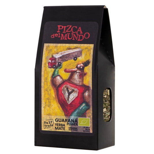 Bio Guarana Power Yerba Mate mit Guarana von PIZCA DEL MUNDO, 100g, frisch und aromatisch, zeigt die Verpackung mit Gräsern und Guarana.