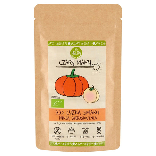 Esslöffel mit Kürbis-Pfirsich-Geschmack von HELPA, Bio, 40g, zeigt den Löffel mit orangefarbenem Fruchtpüree.