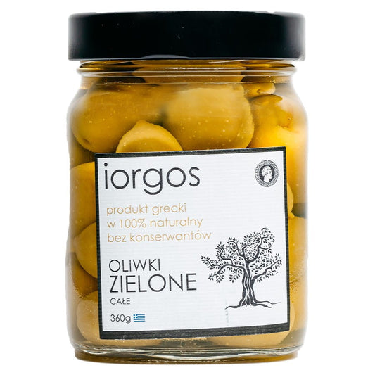 Grüne Premium-Oliven von IORGOS, ganze 360g, frisch und saftig, in einer transparenten Verpackung sichtbar