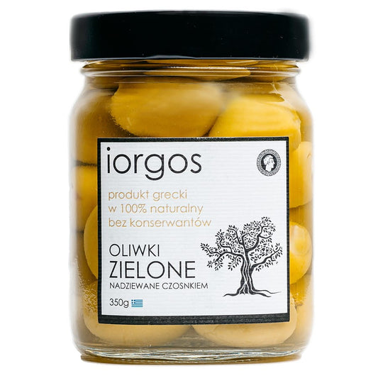 Grüne Premium-Oliven mit Knoblauch von IORGOS in 350g Glas, frisch und aromatisch, ideal für Antipasti und Salate.