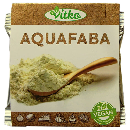 Gefriergetrocknetes Aquafaba Pulver von VITKO, 30g, feines veganes Eiweißpulver in einer Verpackung.