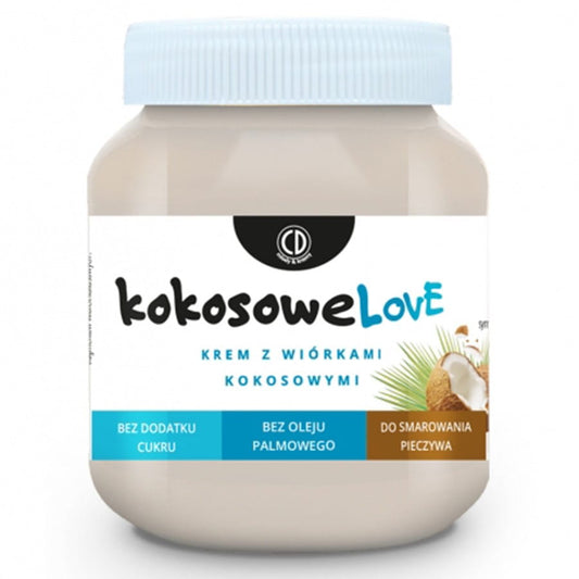 Creme mit Kokosflocken und Kokosöl, 320g von CD, zeigt die cremige Konsistenz und Kokosstückchen in der Verpackung