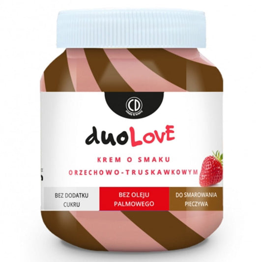Erdbeer-Nusscreme von CD, Duolove, 350g, cremige Nusscreme mit Erdbeergeschmack in Glas, sichtbare Creme und frische Erdbeeren.