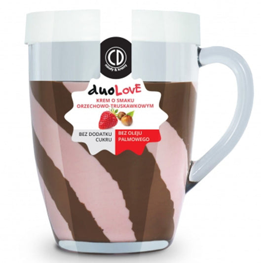 Erdbeer-Nusscreme im Glas von CD, Duolove, 300g, cremige Nusscreme mit Erdbeergeschmack, sichtbares Glas mit Creme und Etikett