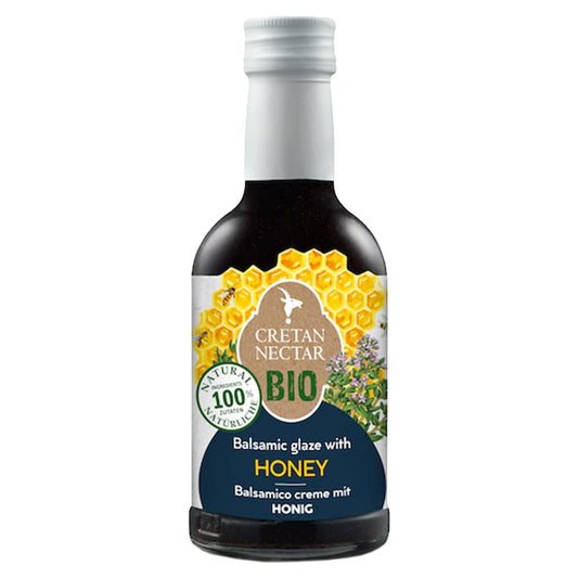 Bio-Balsamico-Creme mit Honig von Cretan Nektar in 250ml Flasche, cremige dunkle Balsamico-Soße mit Honig.