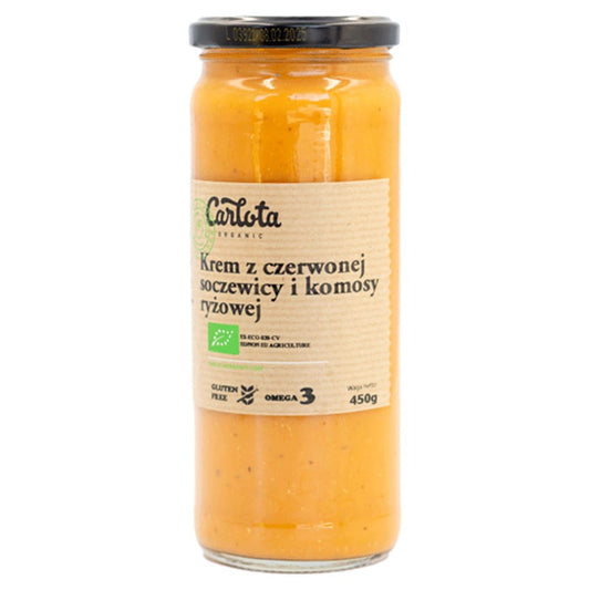 Rote Linsen- und Rosenquinoa-Creme von CARLOTA ORGANIC in 450g Dose, cremige Konsistenz und bio-zertifiziert.