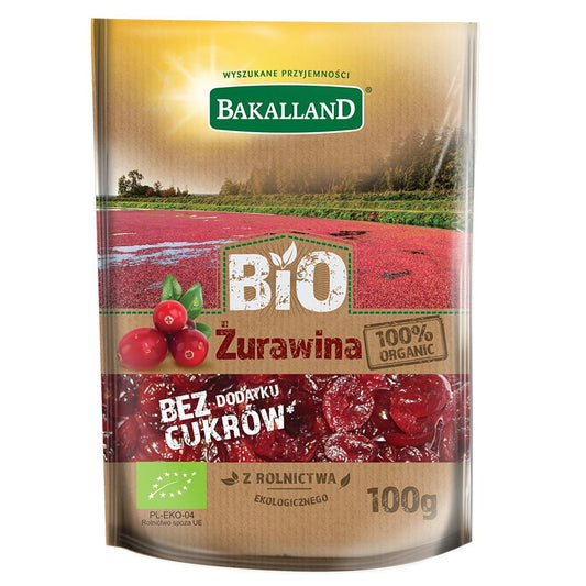 Getrocknete Cranberries mit Apfelsaft, BIO, 100g von BAKALLAND, fruchtige Trockenfrüchte auf weißem Hintergrund