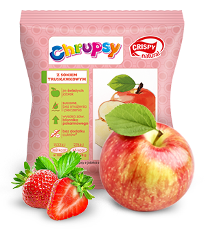 Knusprige Apfelchips mit natürlichem Erdbeersaft, 18g, von CRISPY NATURAL, liegende Chips in einer hellen Verpackung.