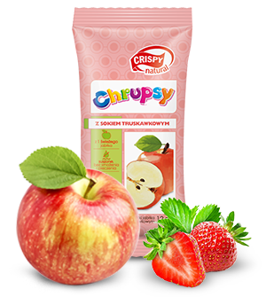 Bunte Apfelwürfel mit Erdbeersaft in 12g CRISPY NATURAL Verpackung, fruchtiger Snack, natürliche Zutaten, appetitlich präsentiert