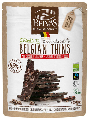 Stücke aus Zartbitterschokolade 85% mit zerkleinerten Kakaobohnen fair gehandelt glutenfrei BIO 120 g - BELVAS