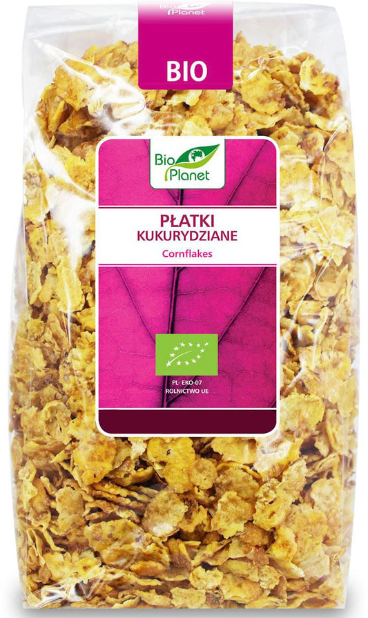 Bio Cornflakes von BIO PLANET in einer Schüssel, knusprig und goldbraun, ideal für Frühstück und gesunde Ernährung.